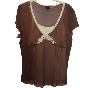 Vintage Y2K Molly Maxi Sz XL Brown Babydoll Top Sheer Mesh Lace Fairy Grunge